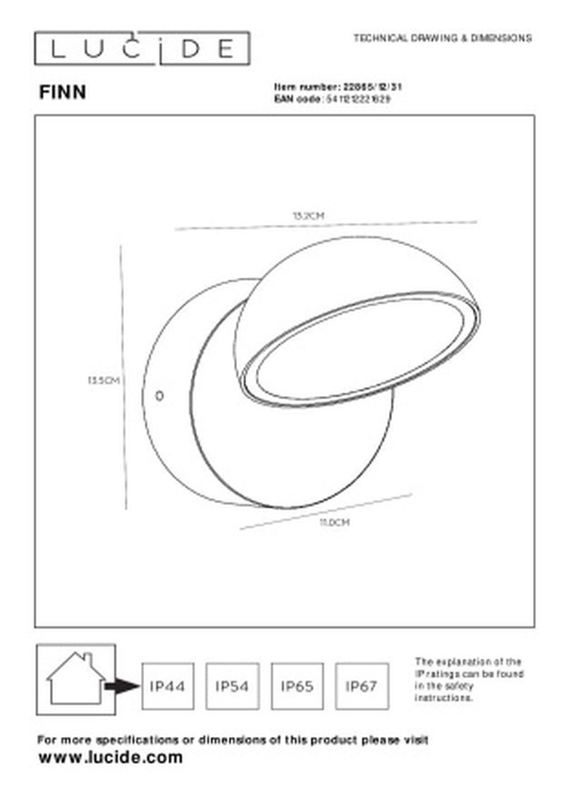Lucide FINN - Nástenné svietidlo Vonkajšie - LED - 1x12W 3100K - IP54 - Biele